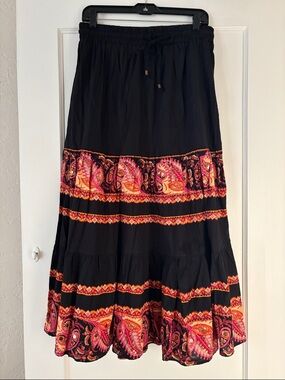 Angie Black Maxi Skirt with Pink and Orange Paisley Trim